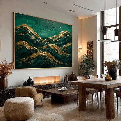 Emerald Crests hand-painted emerald green and gold textured abstract mountain painting rolled canvas option