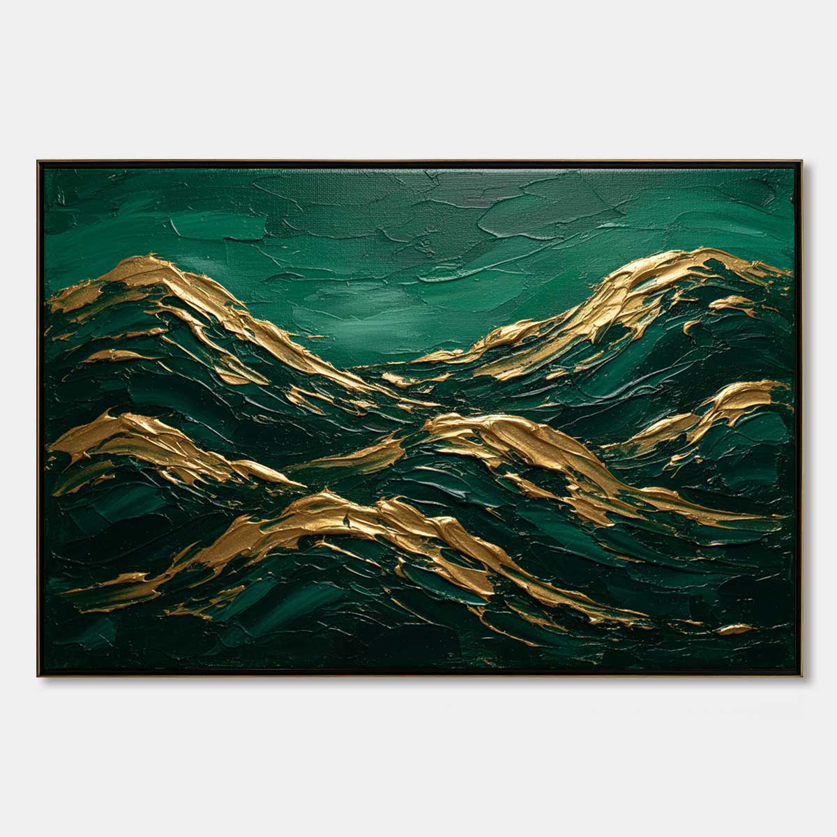 Emerald Crests hand-painted emerald green and gold textured abstract mountain painting rolled canvas option