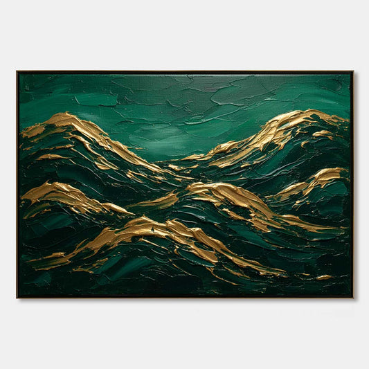 Emerald Crests hand-painted emerald green and gold textured abstract mountain painting rolled canvas option