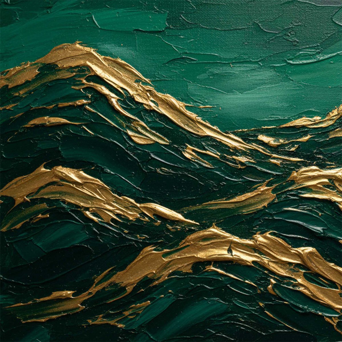 Emerald Crests hand-painted emerald green and gold textured abstract mountain painting shown with gold frame