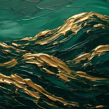 Emerald Crests hand-painted emerald green and gold textured abstract mountain painting shown with white frame