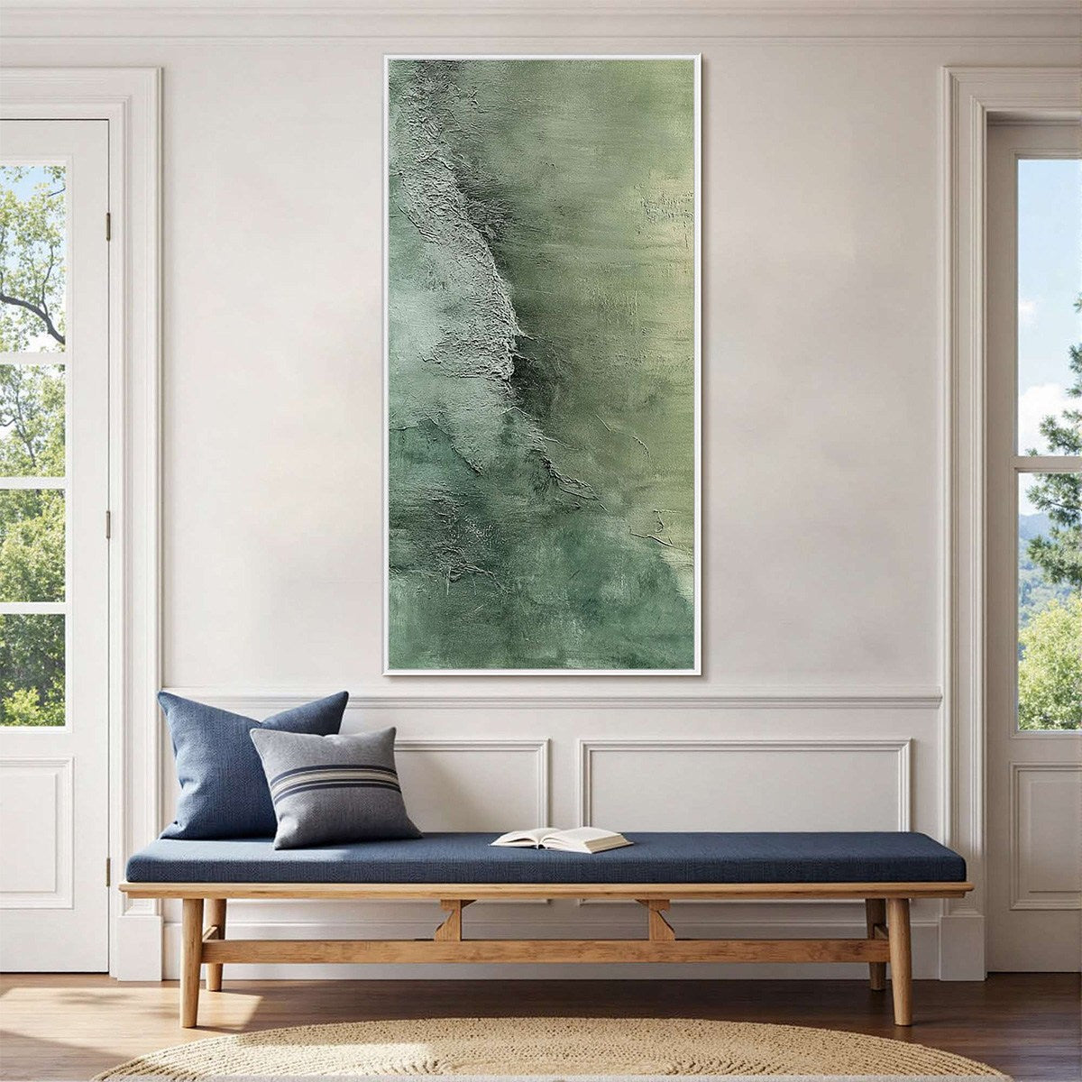 Emerald Depths hand-painted emerald green and ivory textured coastal abstract painting shown with white frame