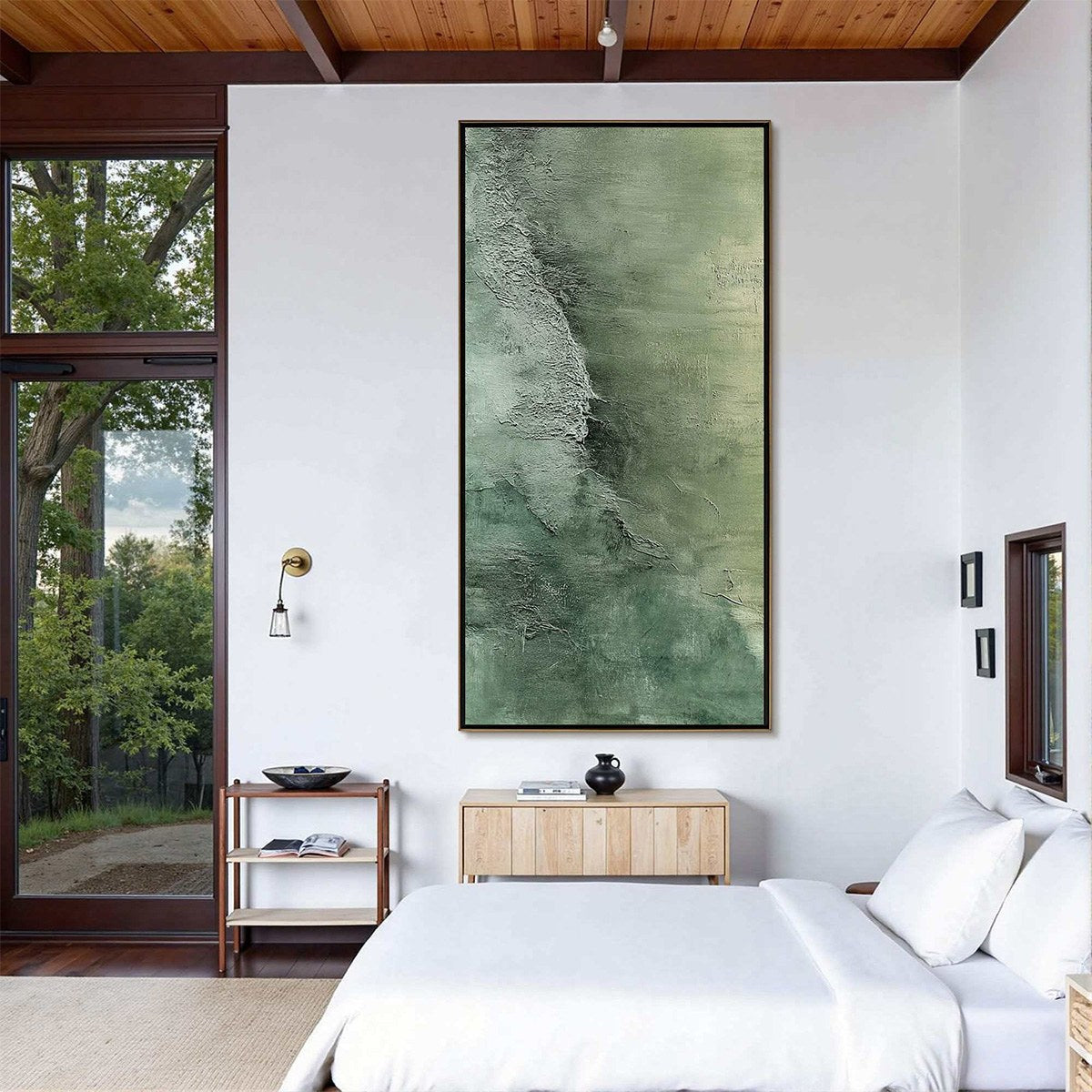Emerald Depths hand-painted emerald green and ivory textured coastal abstract painting rolled canvas option