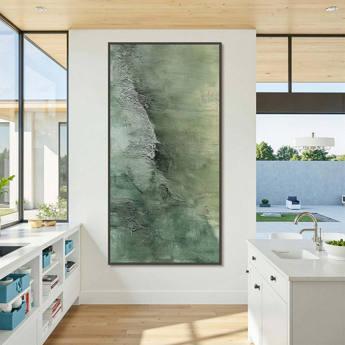 Emerald Depths hand-painted emerald green and ivory textured coastal abstract painting shown as stretched canvas