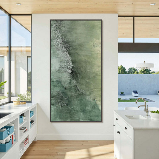 Emerald Depths hand-painted emerald green and ivory textured coastal abstract painting shown as stretched canvas