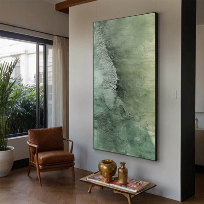 Emerald Depths hand-painted emerald green and ivory textured coastal abstract painting shown as stretched canvas