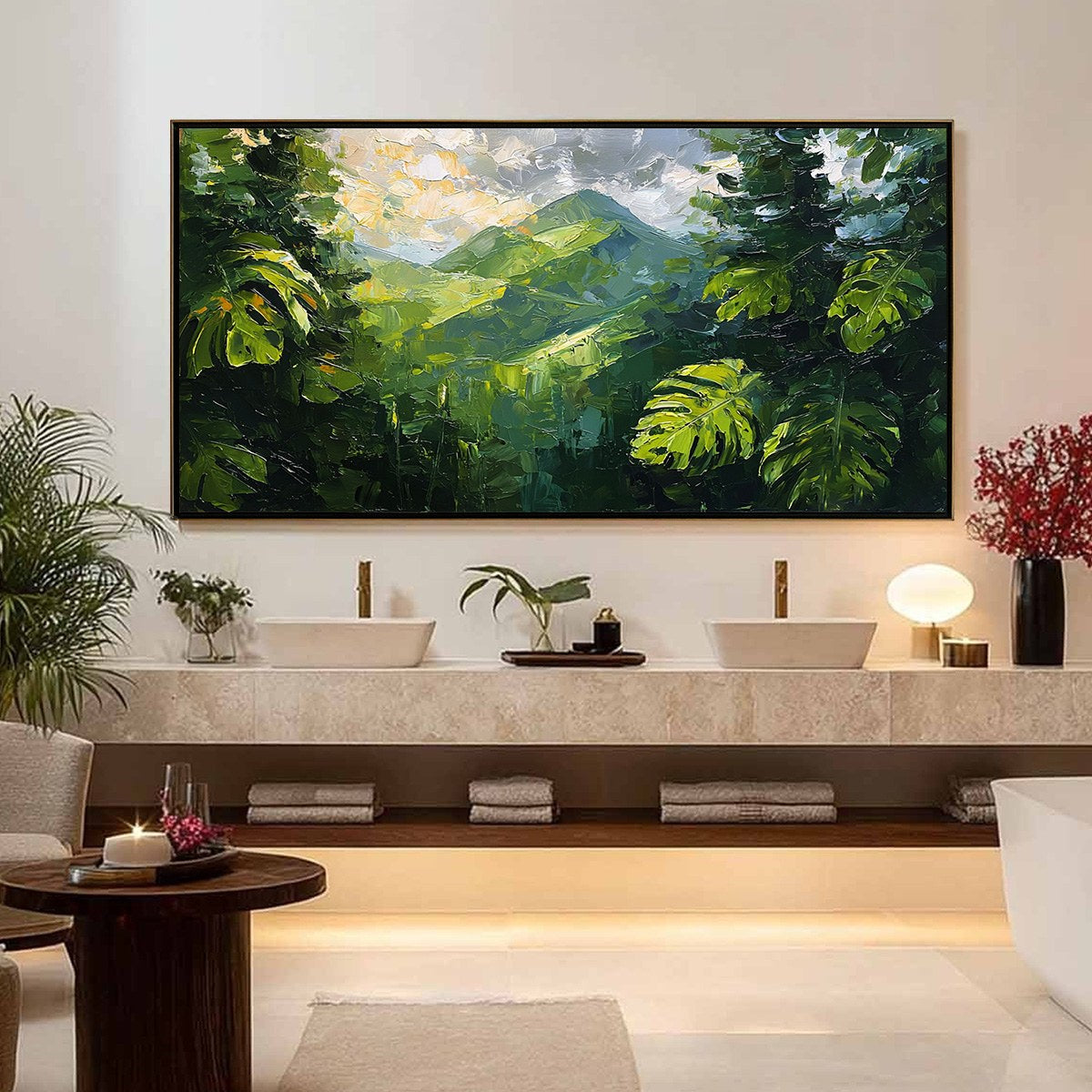 Emerald Escape hand-painted emerald green and ivory textured mountain valley painting shown with silver frame