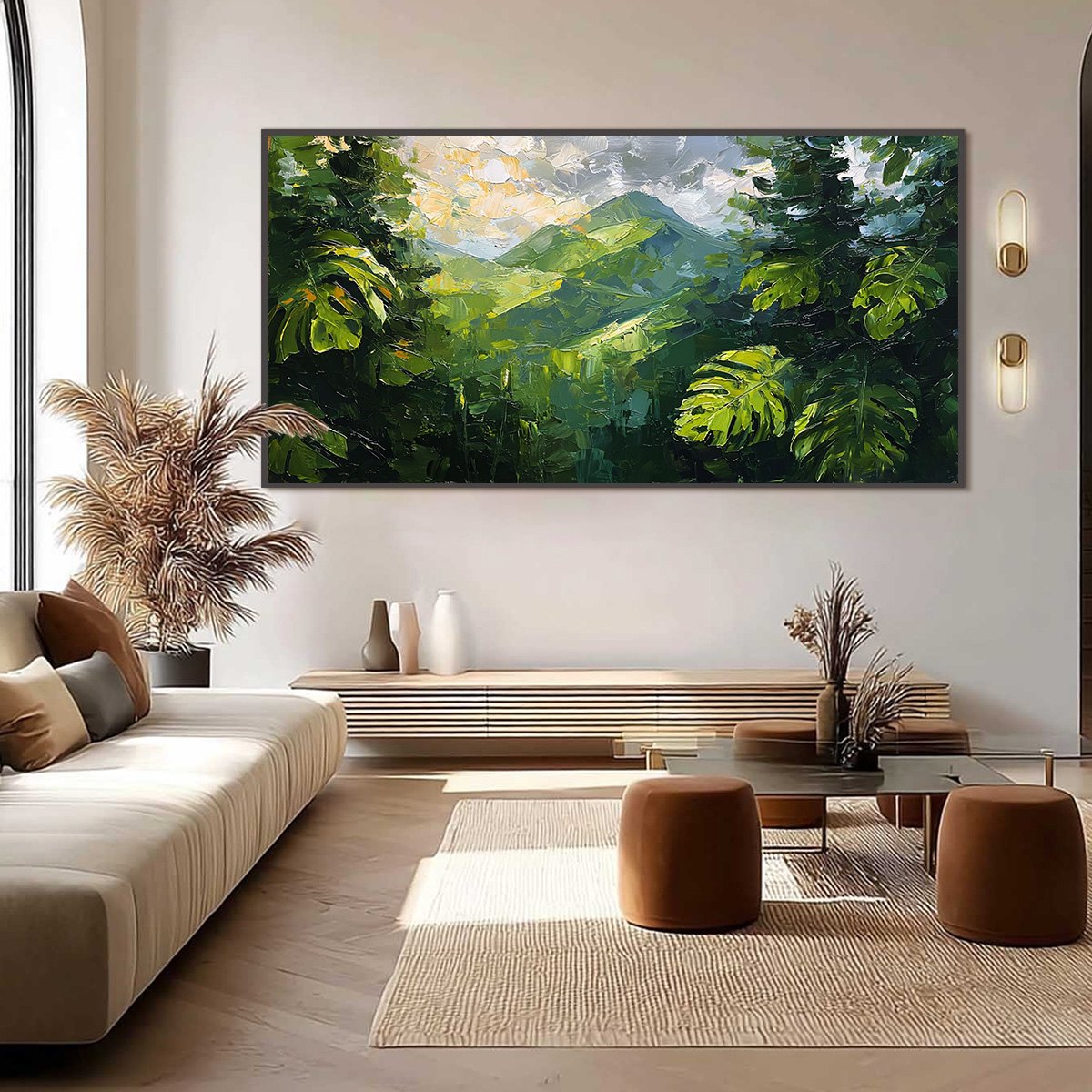Emerald Escape hand-painted emerald green and ivory textured mountain valley painting shown with black frame