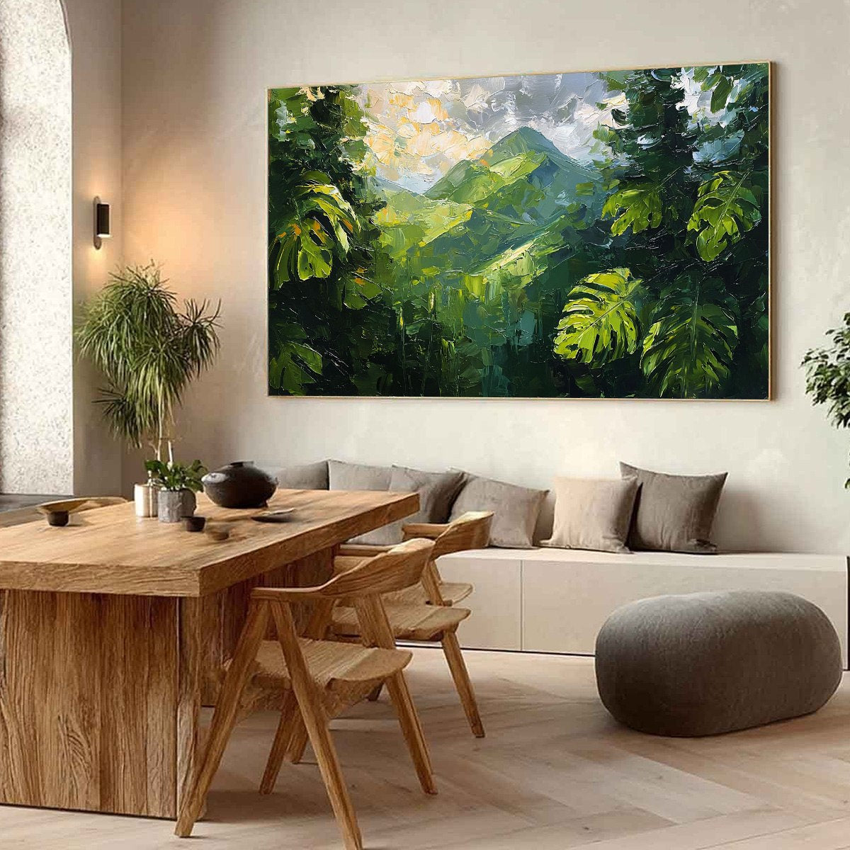 Emerald Escape hand-painted emerald green and ivory textured mountain valley painting shown with wood frame