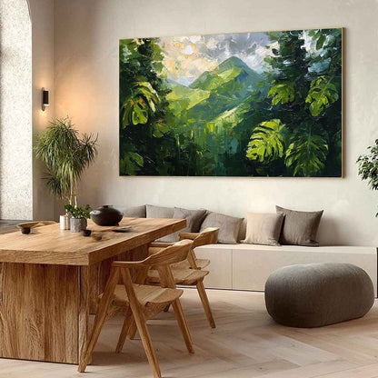 Emerald Escape hand-painted emerald green and ivory textured mountain valley painting shown with wood frame