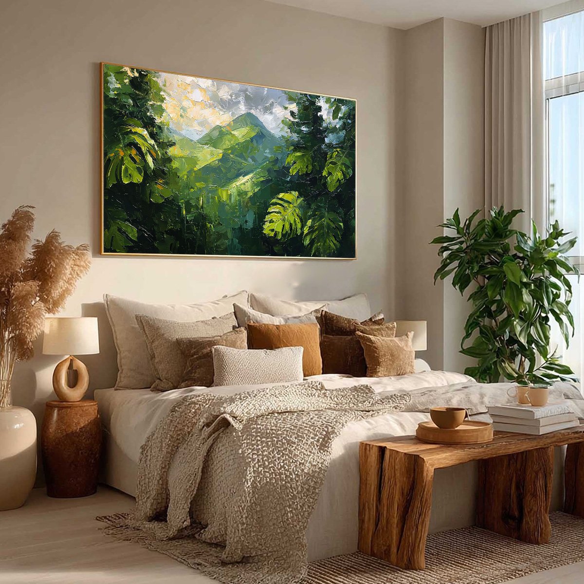 Emerald Escape hand-painted emerald green and ivory textured mountain valley painting rolled canvas option