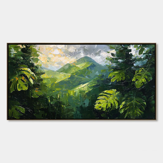 Emerald Escape hand-painted emerald green and ivory textured mountain valley painting rolled canvas option