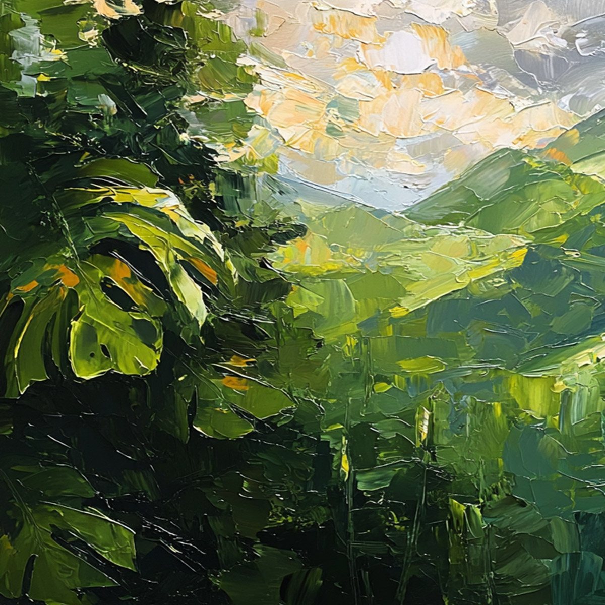 Emerald Escape hand-painted emerald green and ivory textured mountain valley painting shown with gold frame