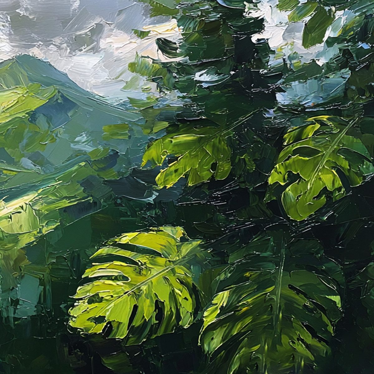 Emerald Escape hand-painted emerald green and ivory textured mountain valley painting shown with white frame