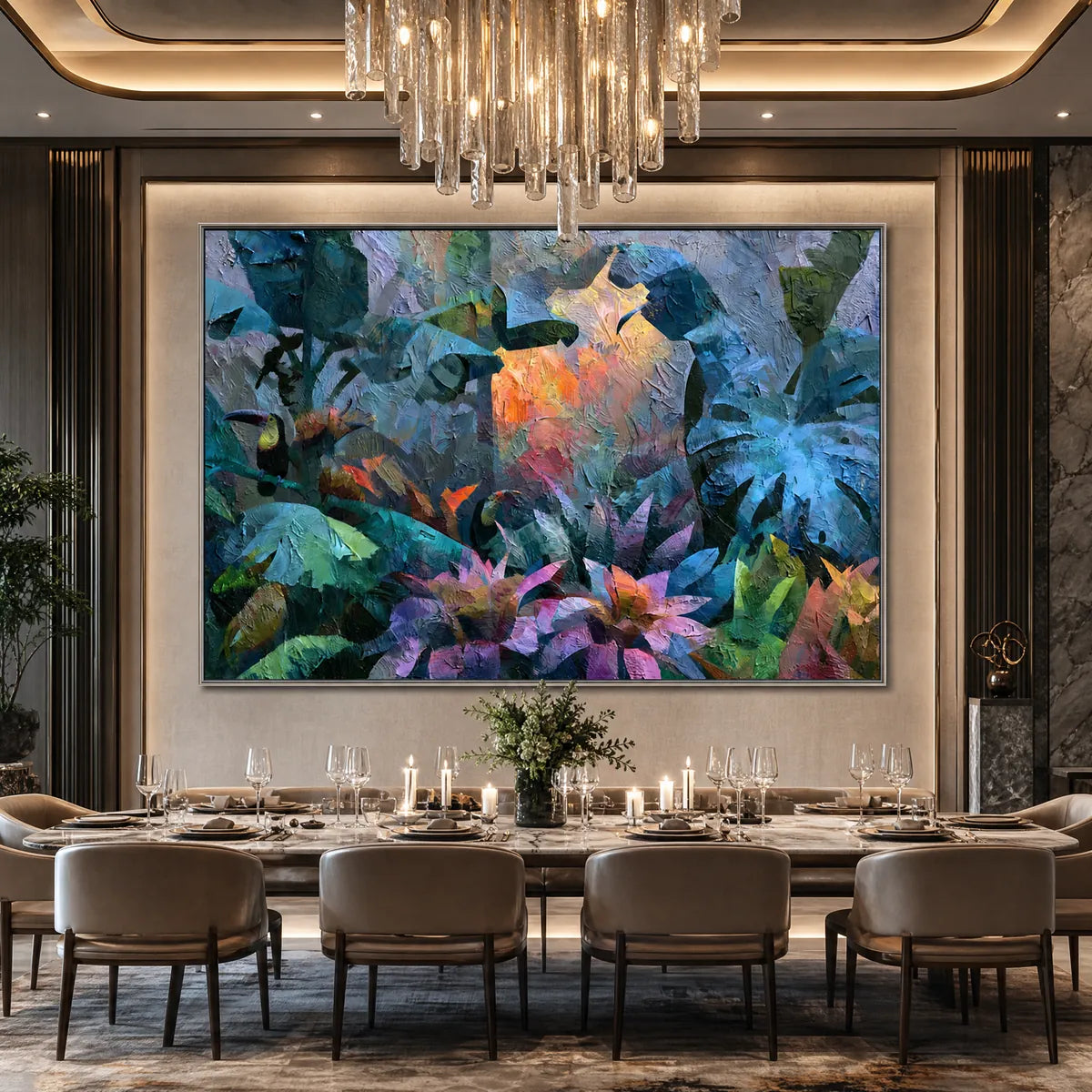 Emerald and Gold Toucan Impasto Oil Painting – Emerald Hideaway