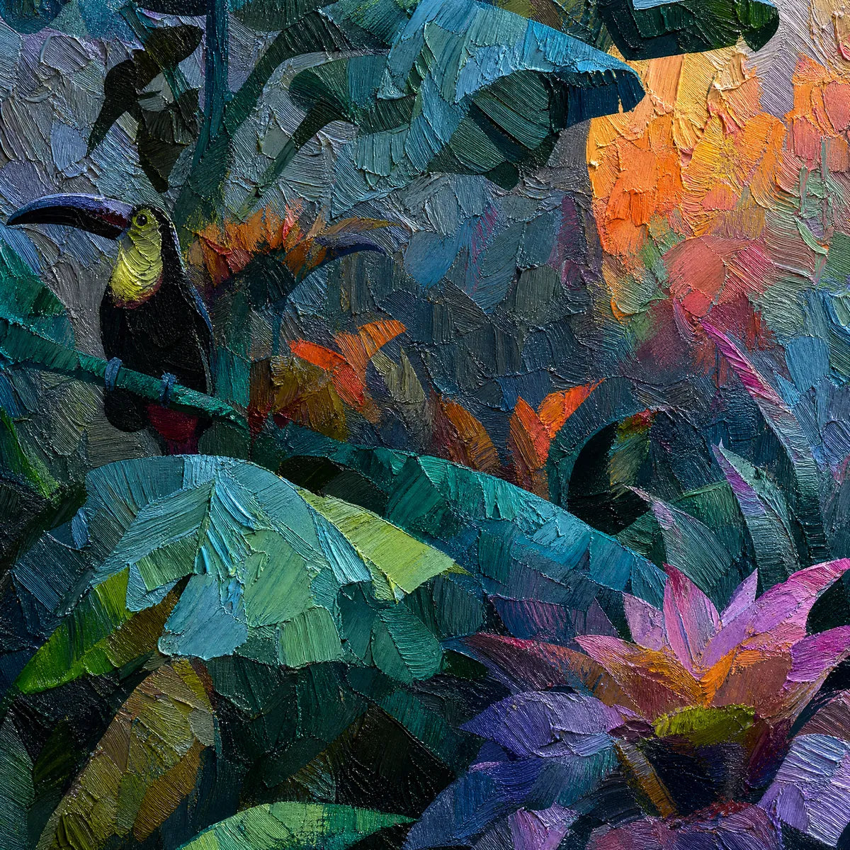 Emerald Hideaway – Toucan Impasto Oil Painting, view 3