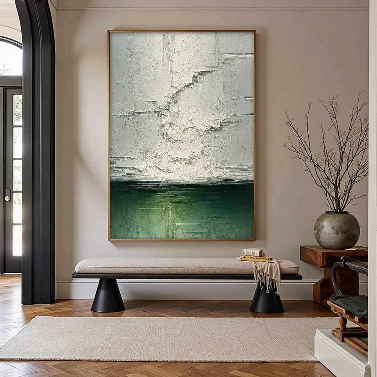 Emerald Horizon hand-painted emerald green and ivory textured coastal abstract painting shown with silver frame