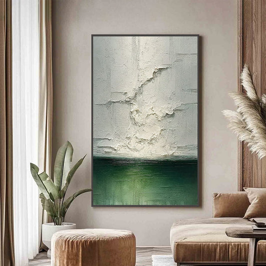 Emerald Horizon hand-painted emerald green and ivory textured coastal abstract painting shown as stretched canvas