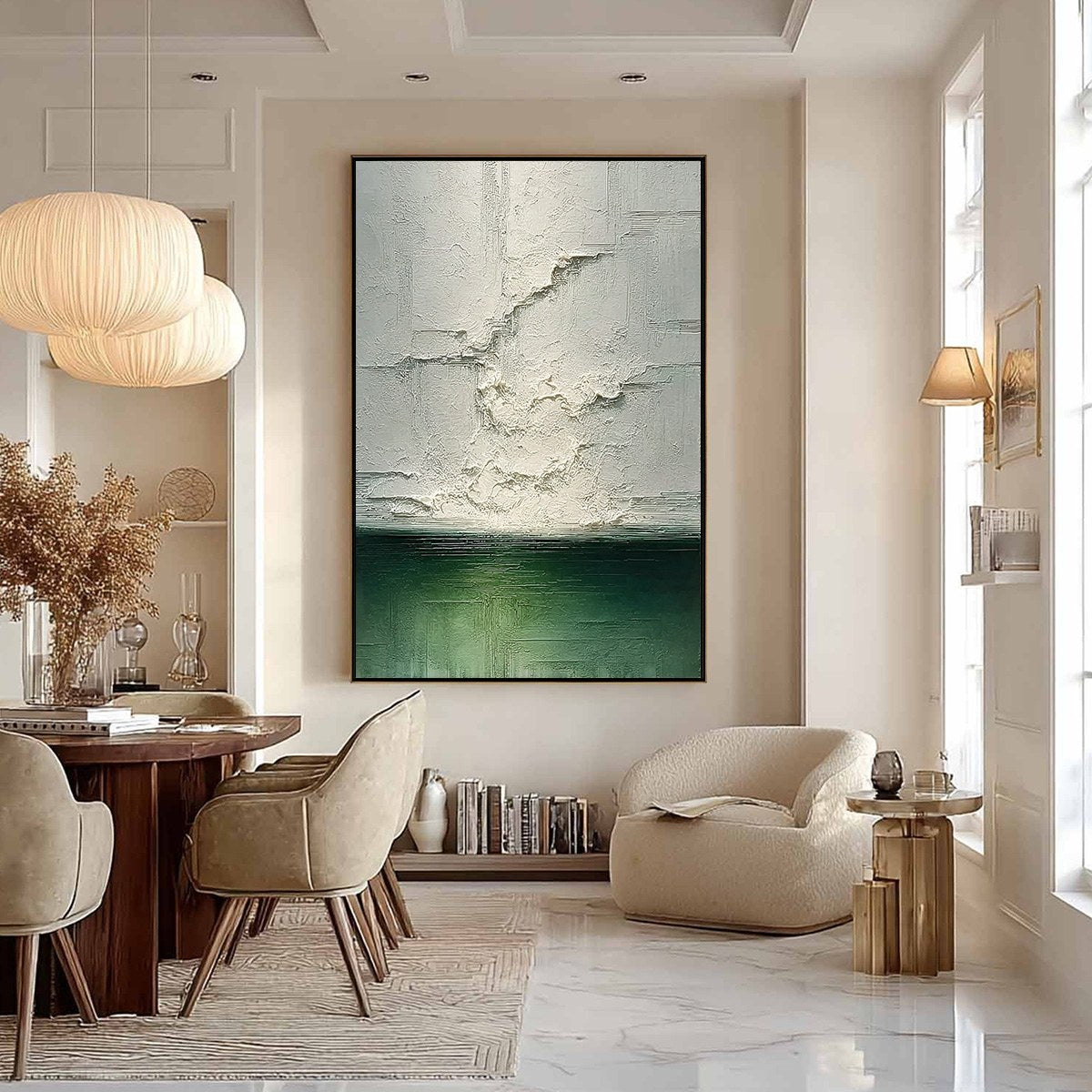 Emerald Horizon hand-painted emerald green and ivory textured coastal abstract painting shown with black frame