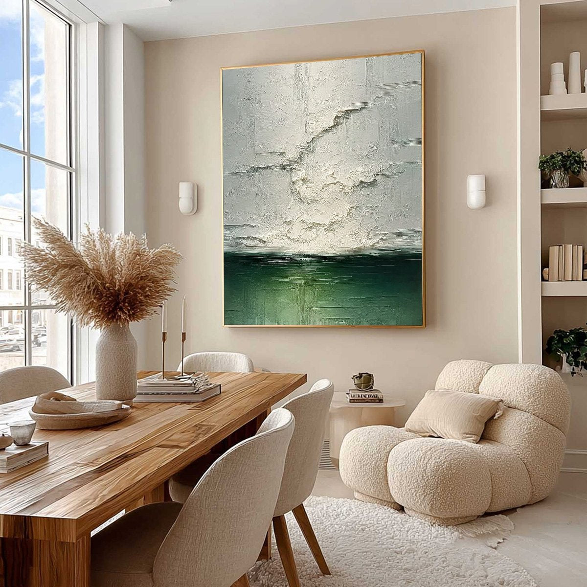 Emerald Horizon hand-painted emerald green and ivory textured coastal abstract painting shown with wood frame