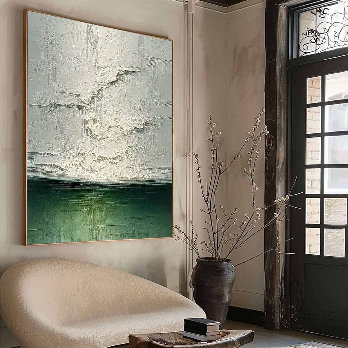 Emerald Horizon hand-painted emerald green and ivory textured coastal abstract painting rolled canvas option