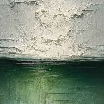 Emerald Horizon hand-painted emerald green and ivory textured coastal abstract painting shown with gold frame