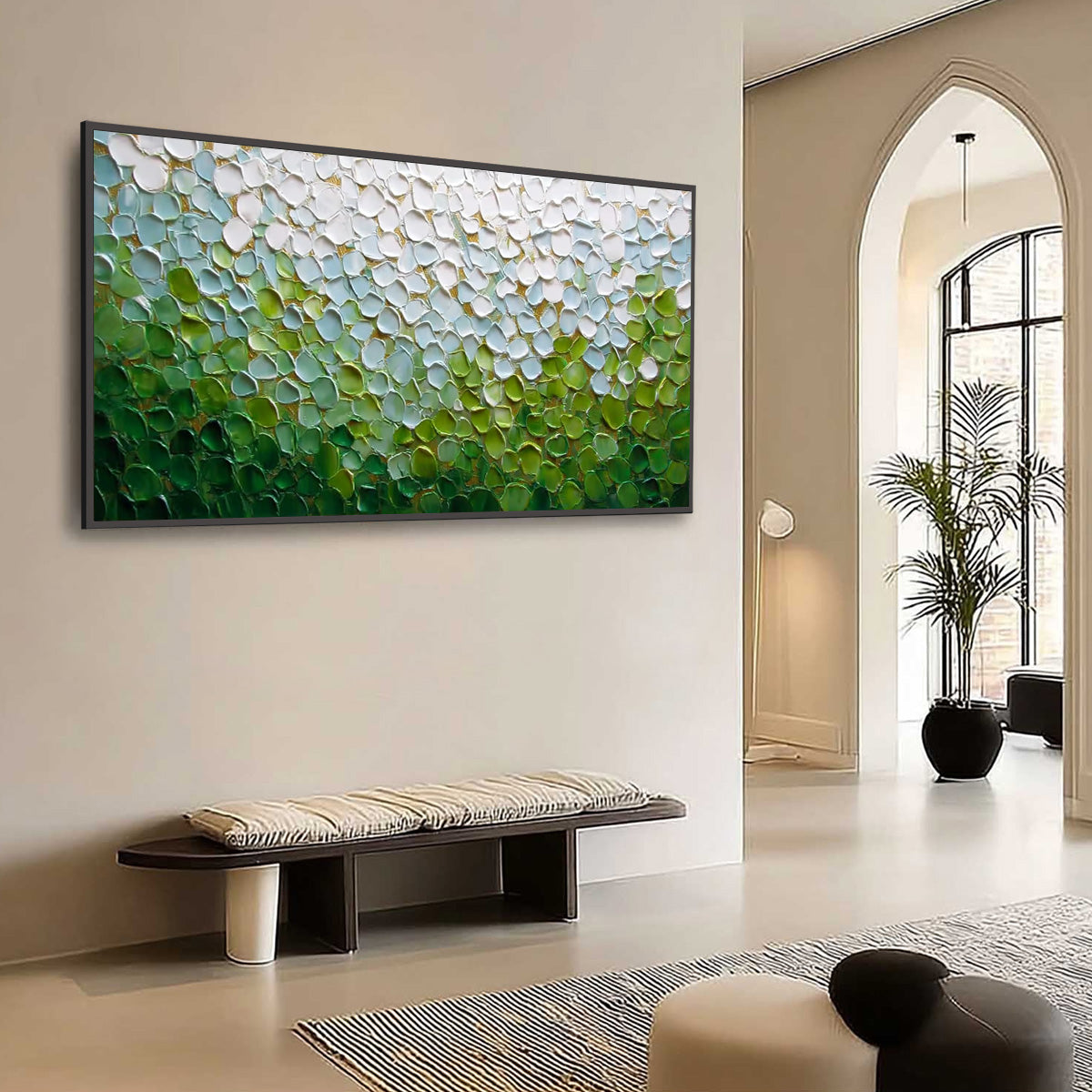 Emerald and Green Abstract Landscape Impasto Painting – Emerald Petals