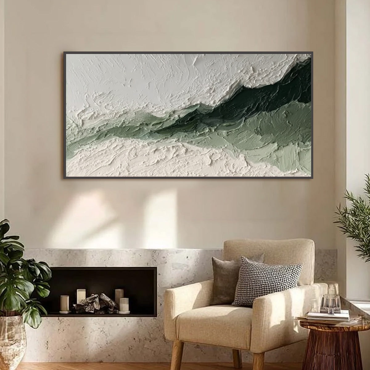Emerald Ridge hand-painted white and emerald green textured coastal landscape painting shown with silver frame