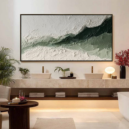 Emerald Ridge hand-painted white and emerald green textured coastal landscape painting shown as stretched canvas