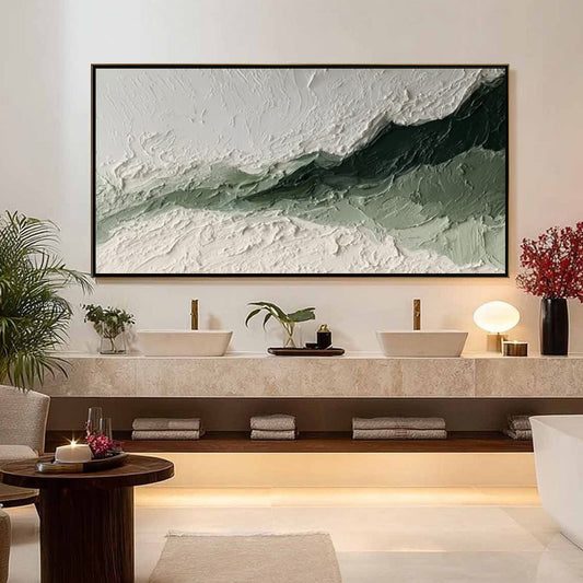 Emerald Ridge hand-painted white and emerald green textured coastal landscape painting shown as stretched canvas