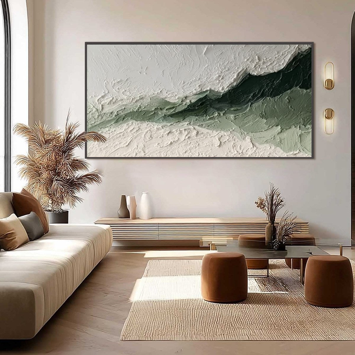Emerald Ridge hand-painted white and emerald green textured coastal landscape painting shown with black frame