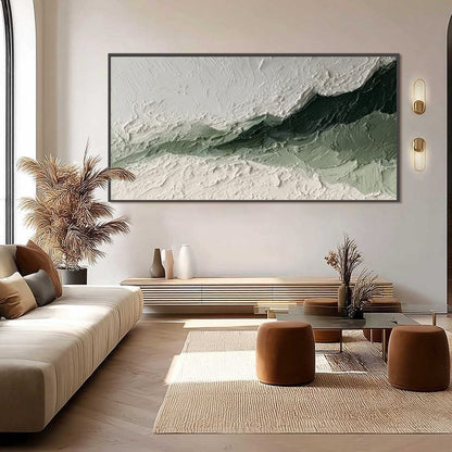 Emerald Ridge hand-painted white and emerald green textured coastal landscape painting shown with black frame