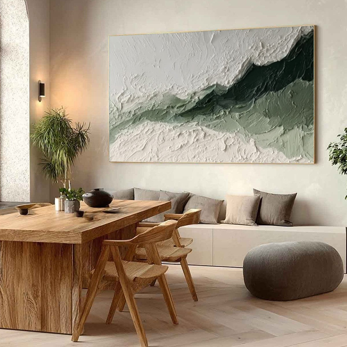 Emerald Ridge hand-painted white and emerald green textured coastal landscape painting shown with wood frame