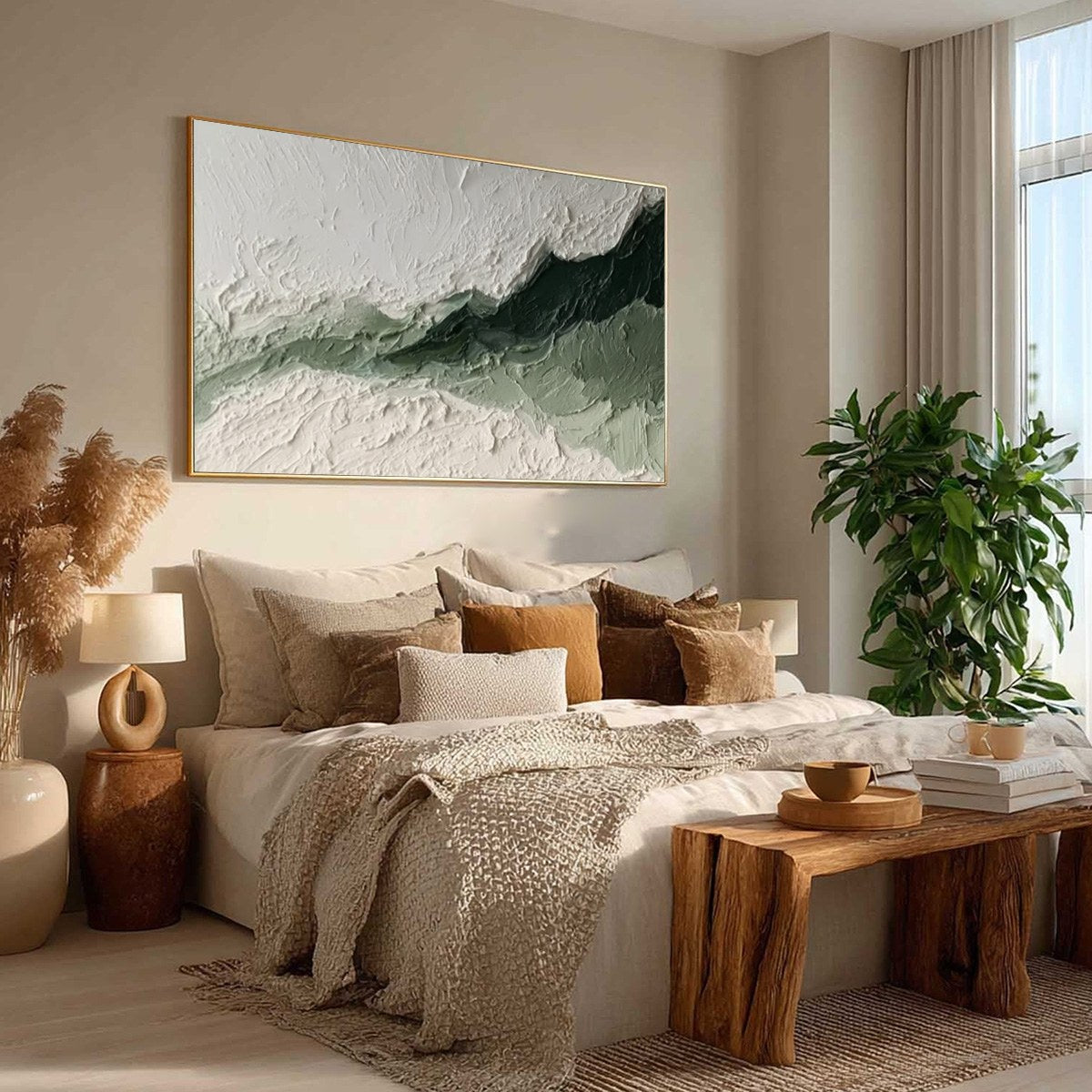 Emerald Ridge hand-painted white and emerald green textured coastal landscape painting rolled canvas option