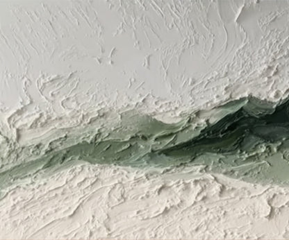 Emerald Ridge hand-painted white and emerald green textured coastal landscape painting shown with white frame