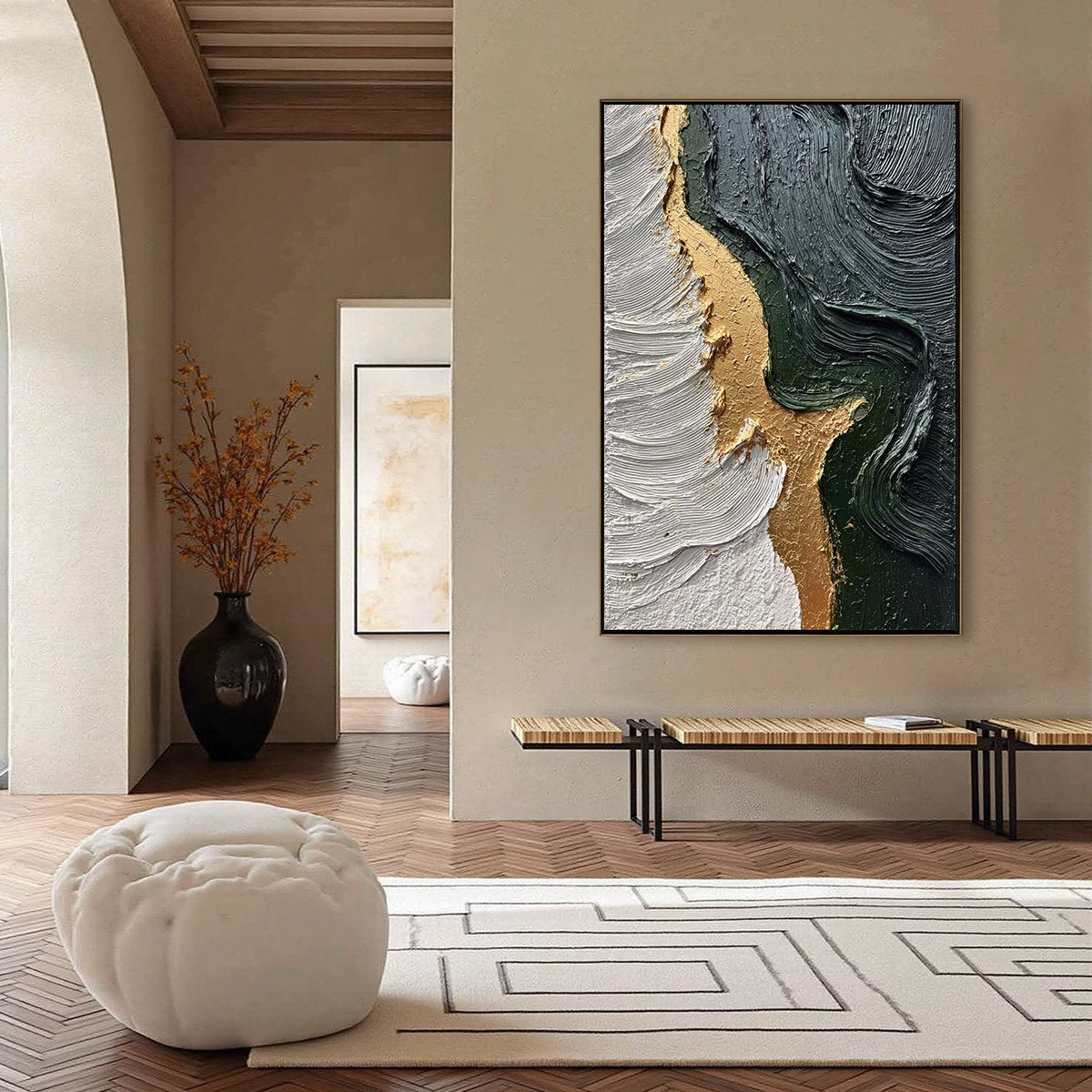 Emerald Shore hand-painted white, charcoal, emerald green and gold textured coastal abstract painting shown with silver frame