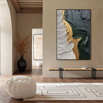 Emerald Shore hand-painted white, charcoal, emerald green and gold textured coastal abstract painting shown with silver frame