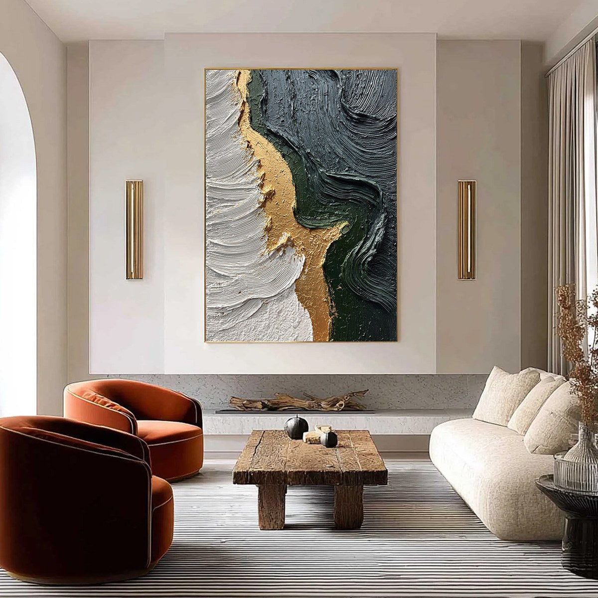 Emerald Shore hand-painted white, charcoal, emerald green and gold textured coastal abstract painting shown as stretched canvas