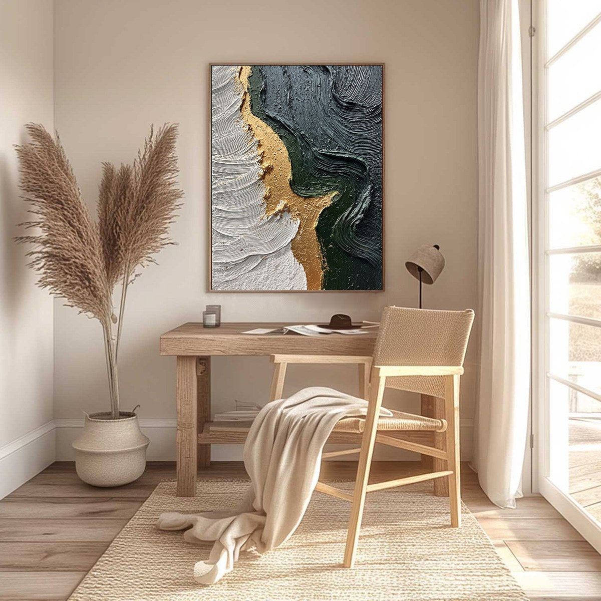 Emerald Shore hand-painted white, charcoal, emerald green and gold textured coastal abstract painting shown with black frame