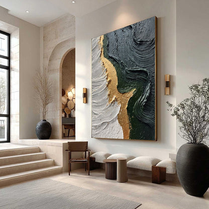 Emerald Shore hand-painted white, charcoal, emerald green and gold textured coastal abstract painting shown with wood frame