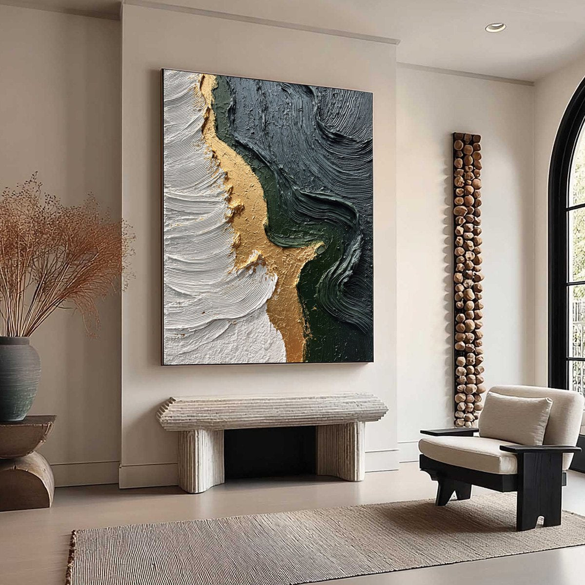 Emerald Shore hand-painted white, charcoal, emerald green and gold textured coastal abstract painting rolled canvas option