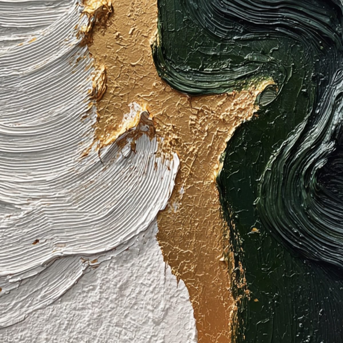 Emerald Shore hand-painted white, charcoal, emerald green and gold textured coastal abstract painting shown with gold frame