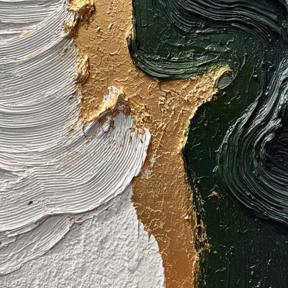 Emerald Shore hand-painted white, charcoal, emerald green and gold textured coastal abstract painting shown with gold frame