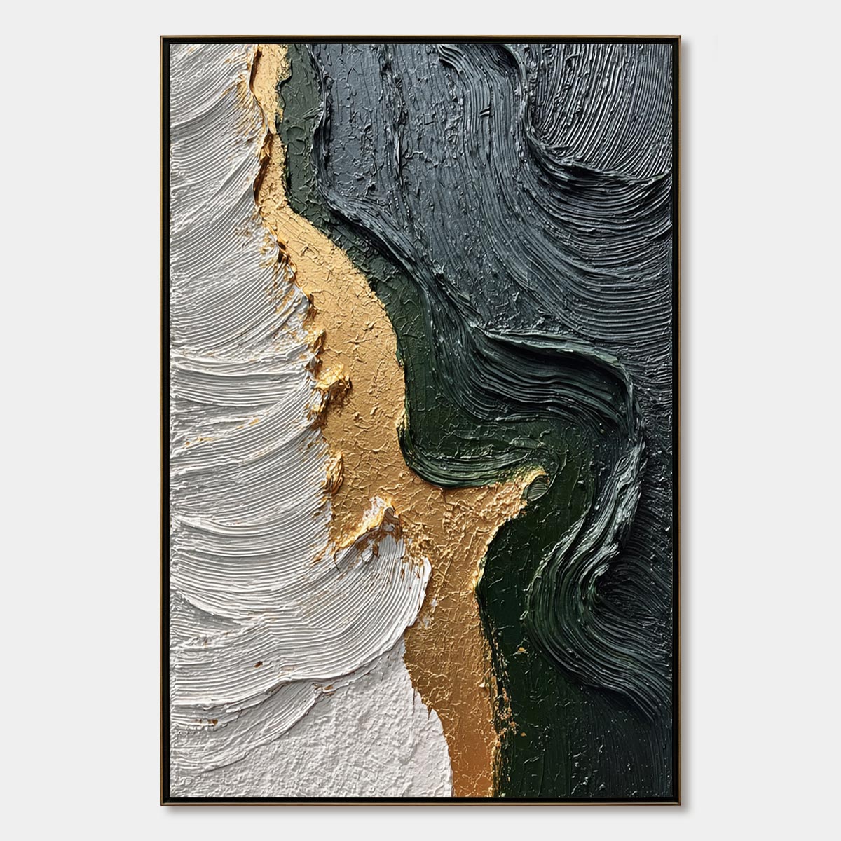 Emerald Shore hand-painted white, charcoal, emerald green and gold textured coastal abstract painting rolled canvas option
