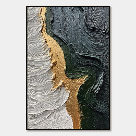 Emerald Shore hand-painted white, charcoal, emerald green and gold textured coastal abstract painting rolled canvas option