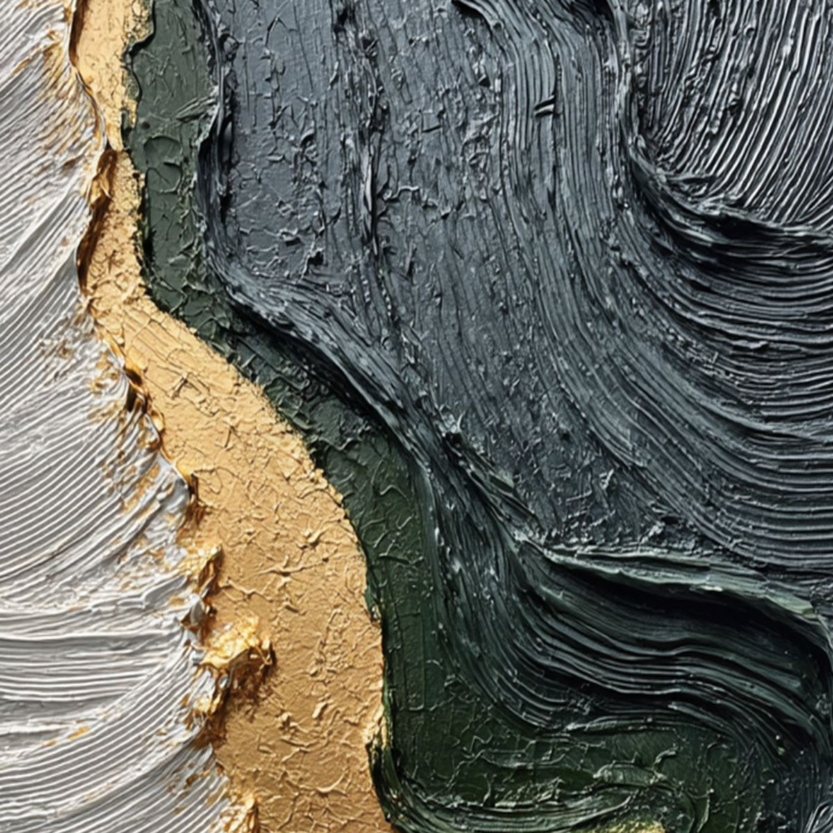 Emerald Shore hand-painted white, charcoal, emerald green and gold textured coastal abstract painting shown with white frame