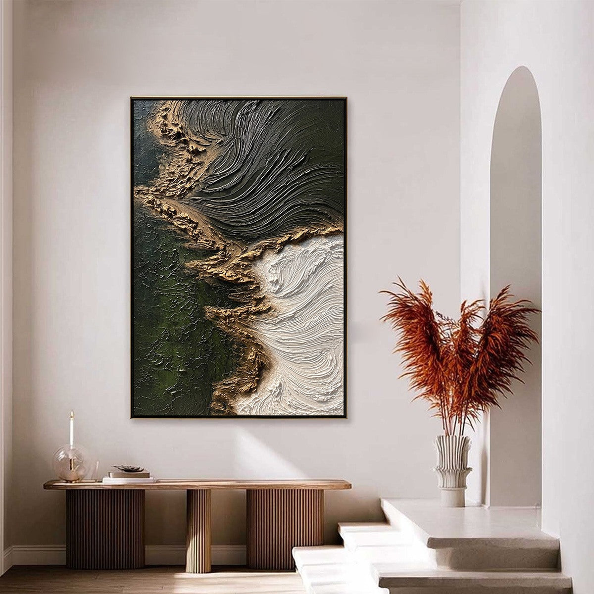 Emerald Shore hand-painted white, emerald green and gold textured coastal abstract painting shown as stretched canvas