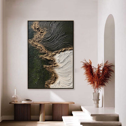 Emerald Shore hand-painted white, emerald green and gold textured coastal abstract painting shown as stretched canvas