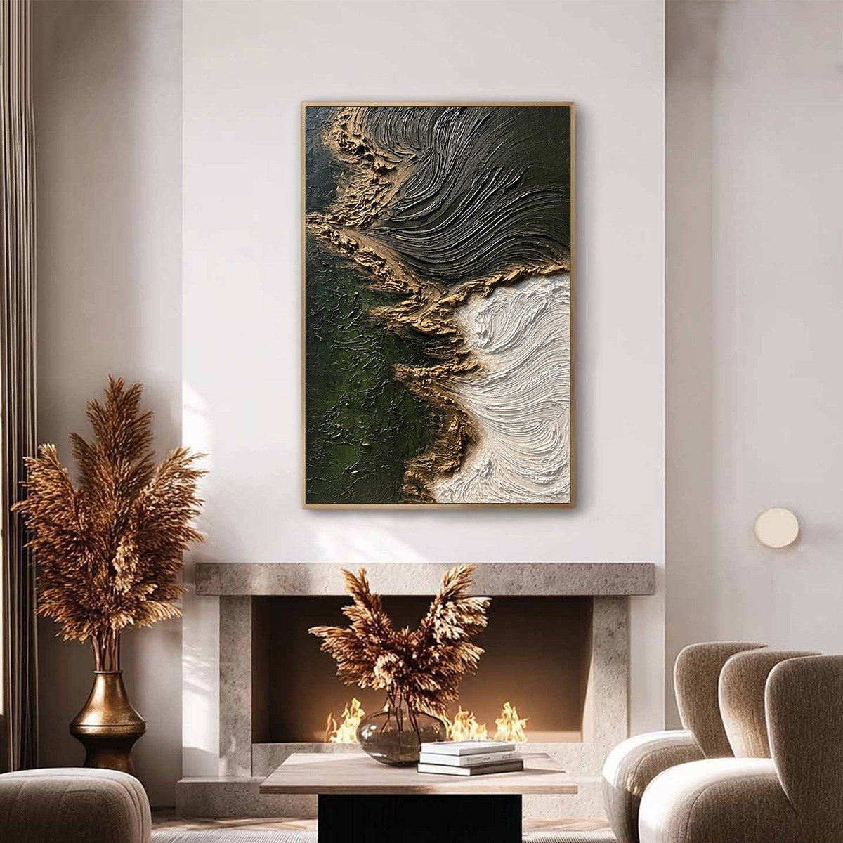 Emerald Shore hand-painted white, emerald green and gold textured coastal abstract painting shown with silver frame