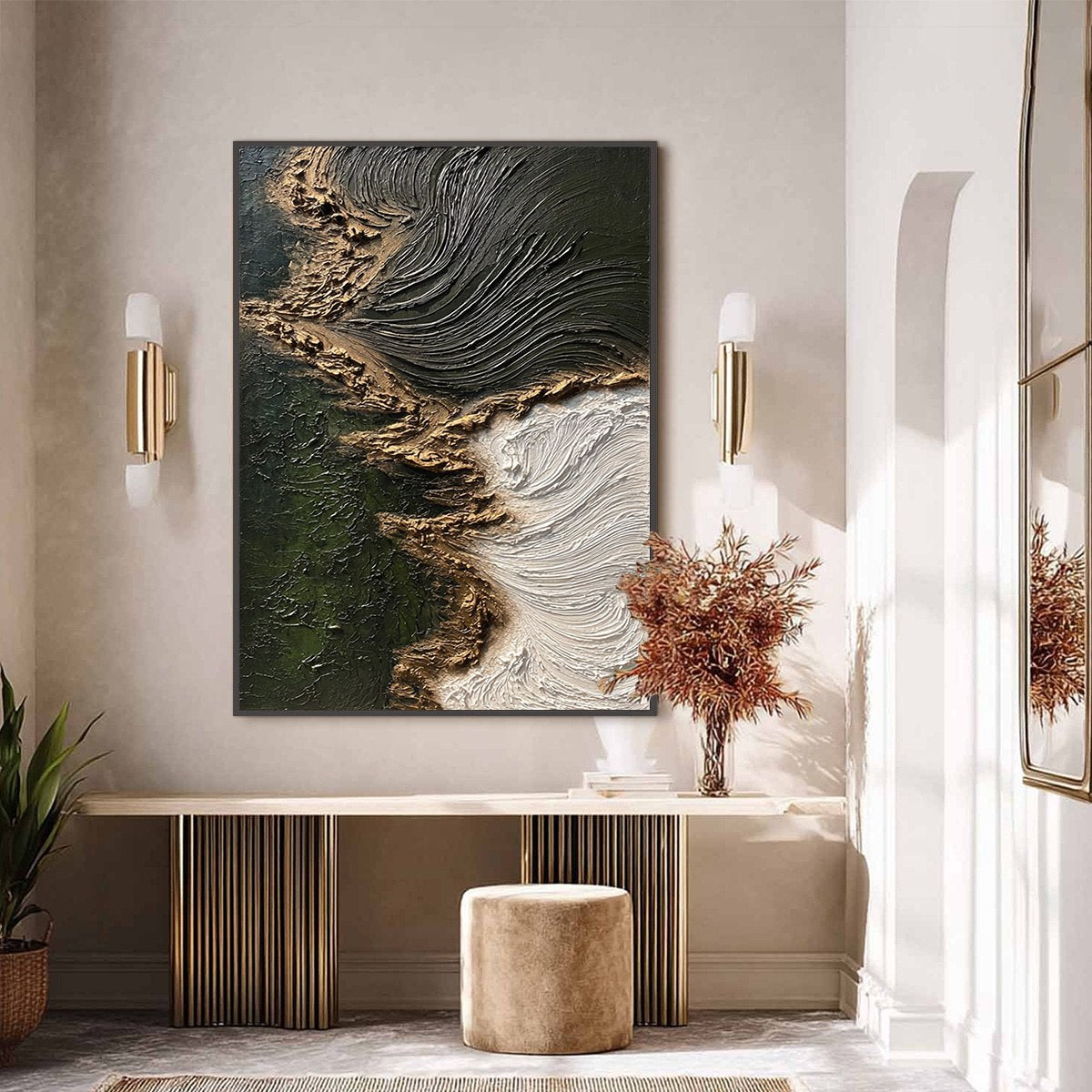 Emerald Shore hand-painted white, emerald green and gold textured coastal abstract painting shown with black frame